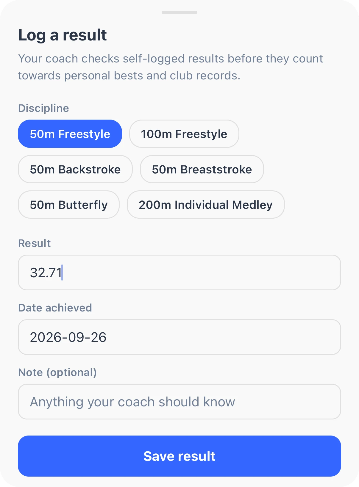The Log a result sheet in the app, with the 50m freestyle chosen and a time entered