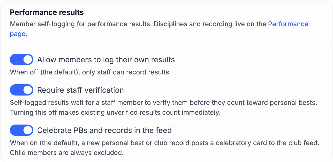 Performance settings: members logging their own results, staff verification and feed celebrations, all switched on