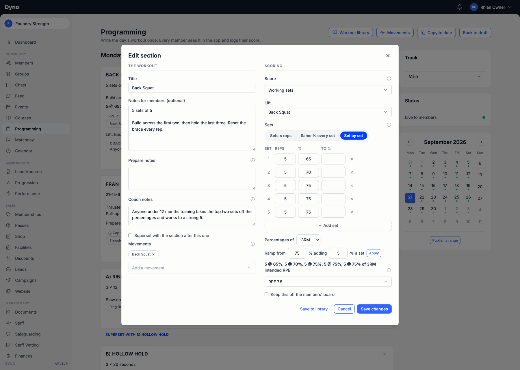 Building a working-sets strength piece with percentages on the Dyno dashboard