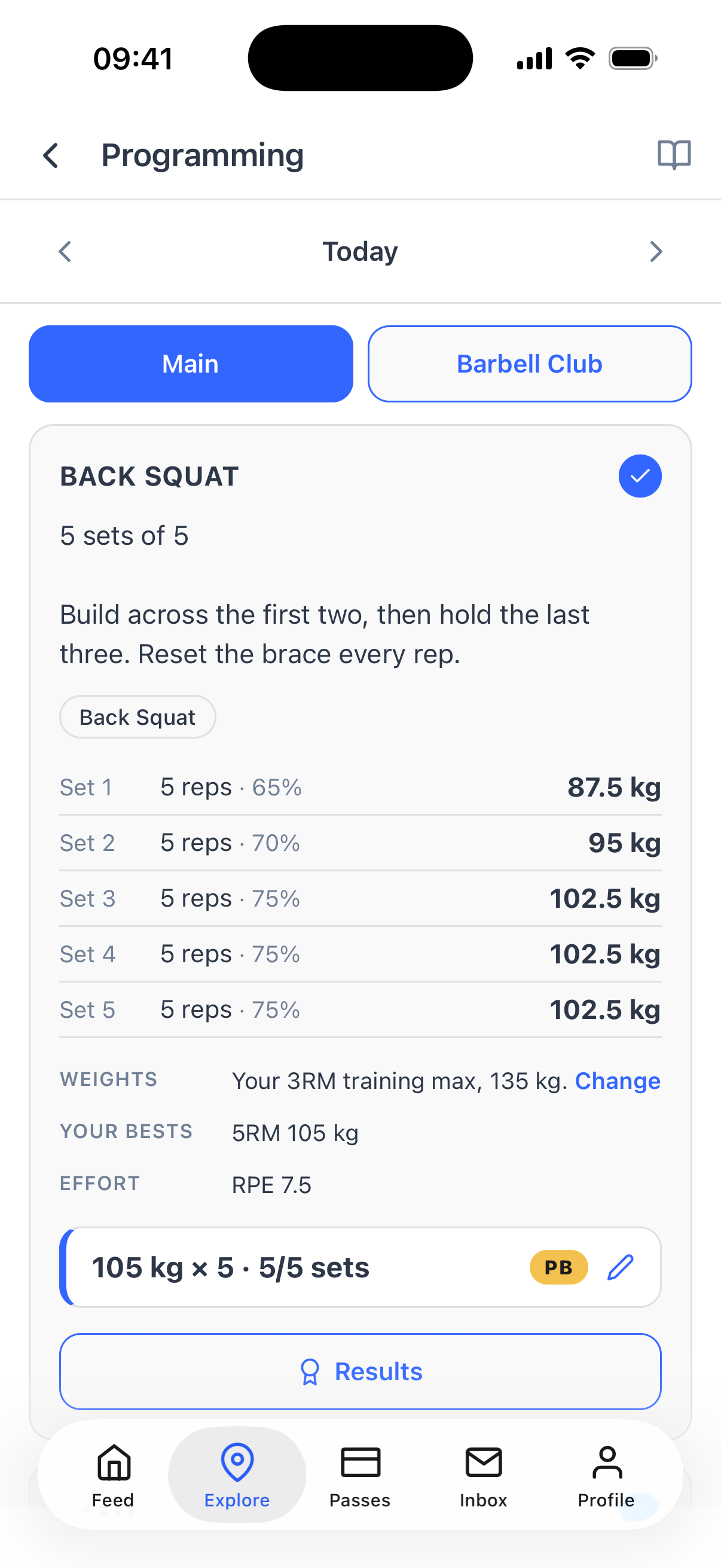 A member seeing their working-set weights in the Dyno member app