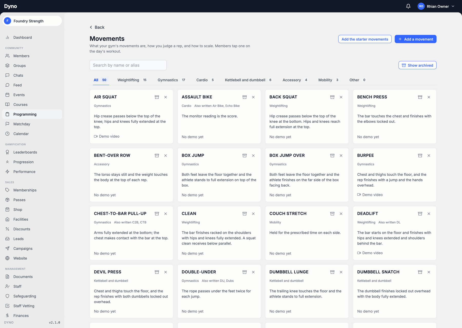 The club movement library on the Dyno dashboard