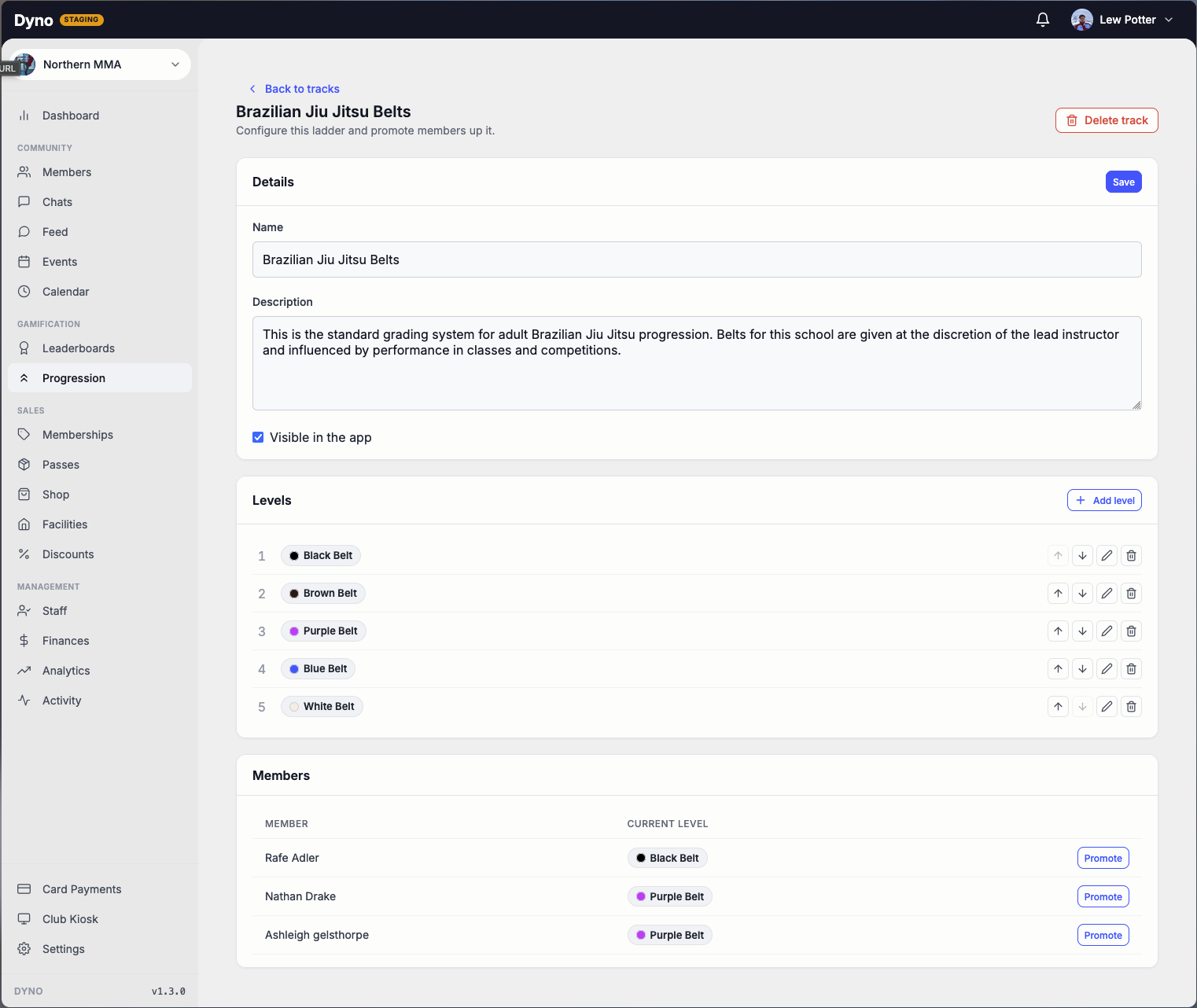 Setting up a Brazilian Jiu Jitsu belt ladder and promoting members on the Dyno dashboard