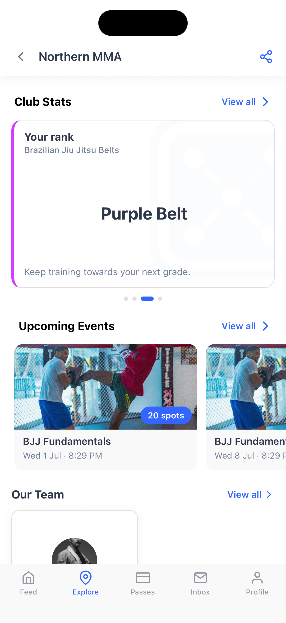 A member’s current belt level and full promotion history on the Dyno mobile app