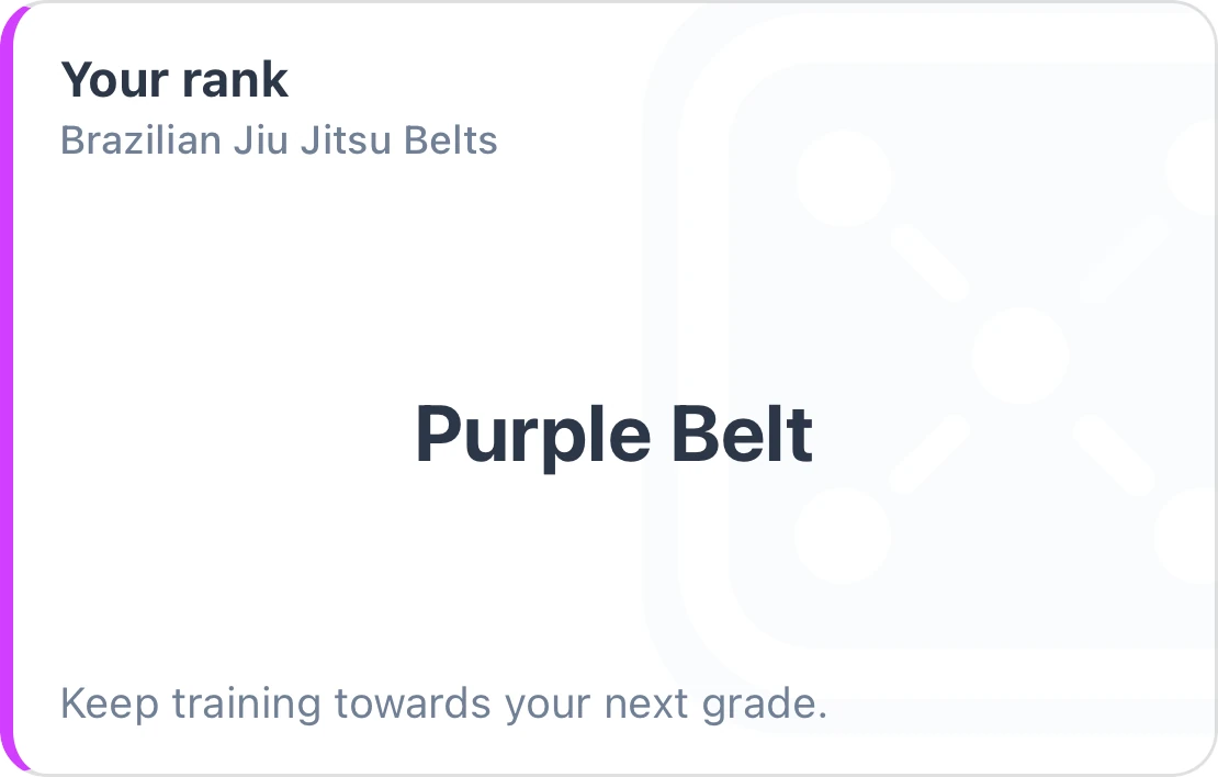 A member’s rank card on the club page: Purple Belt in Brazilian Jiu Jitsu Belts