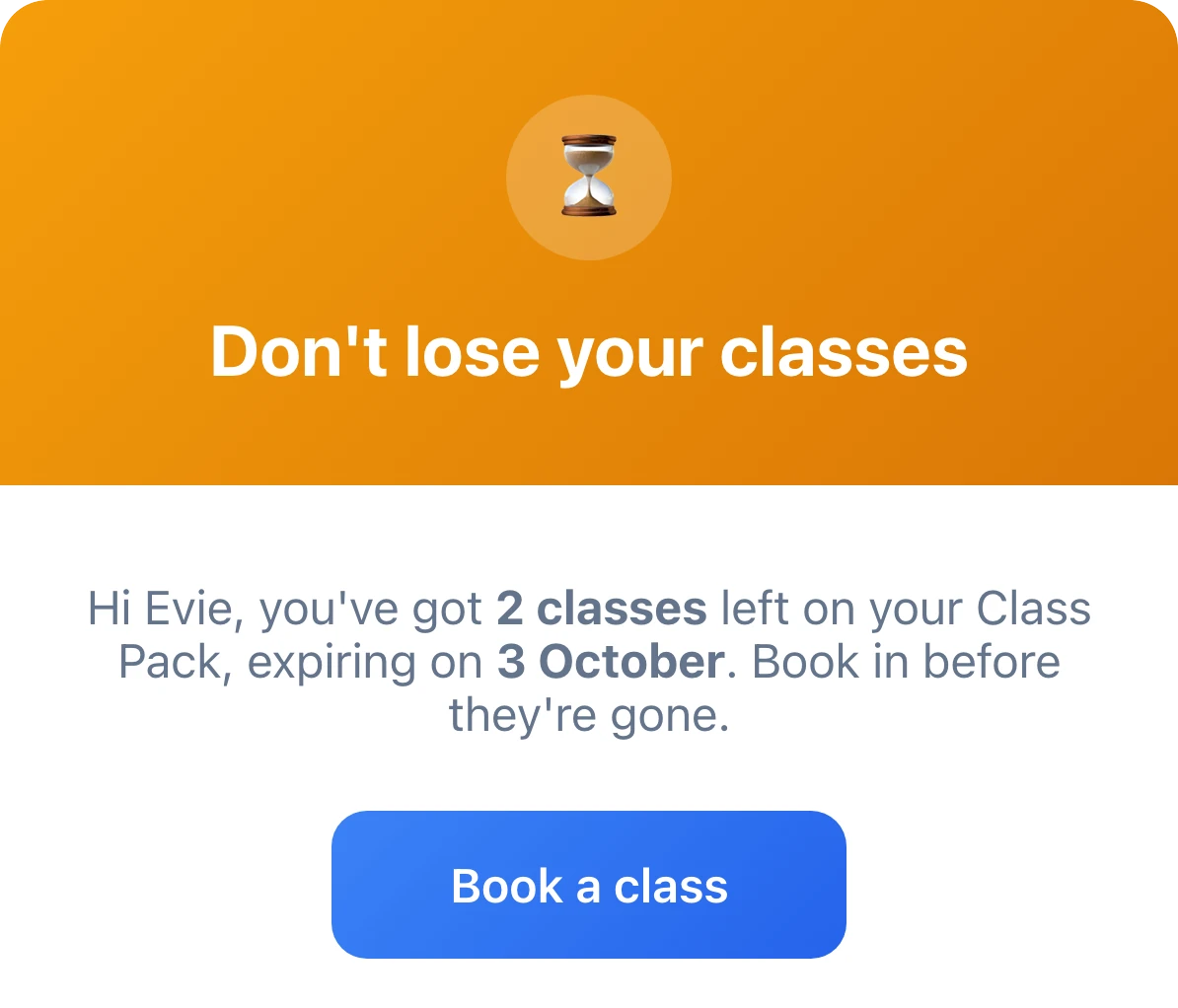 A Don’t lose your classes email: two classes left on a Class Pack, expiring on 3 October, with a Book a class button