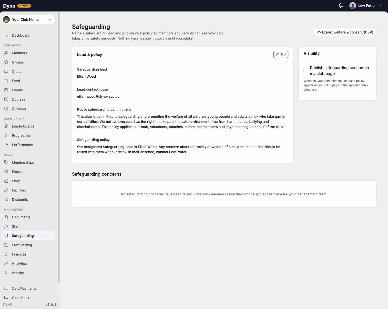 The Safeguarding page on the Dyno dashboard: a named lead, published policy and public commitment