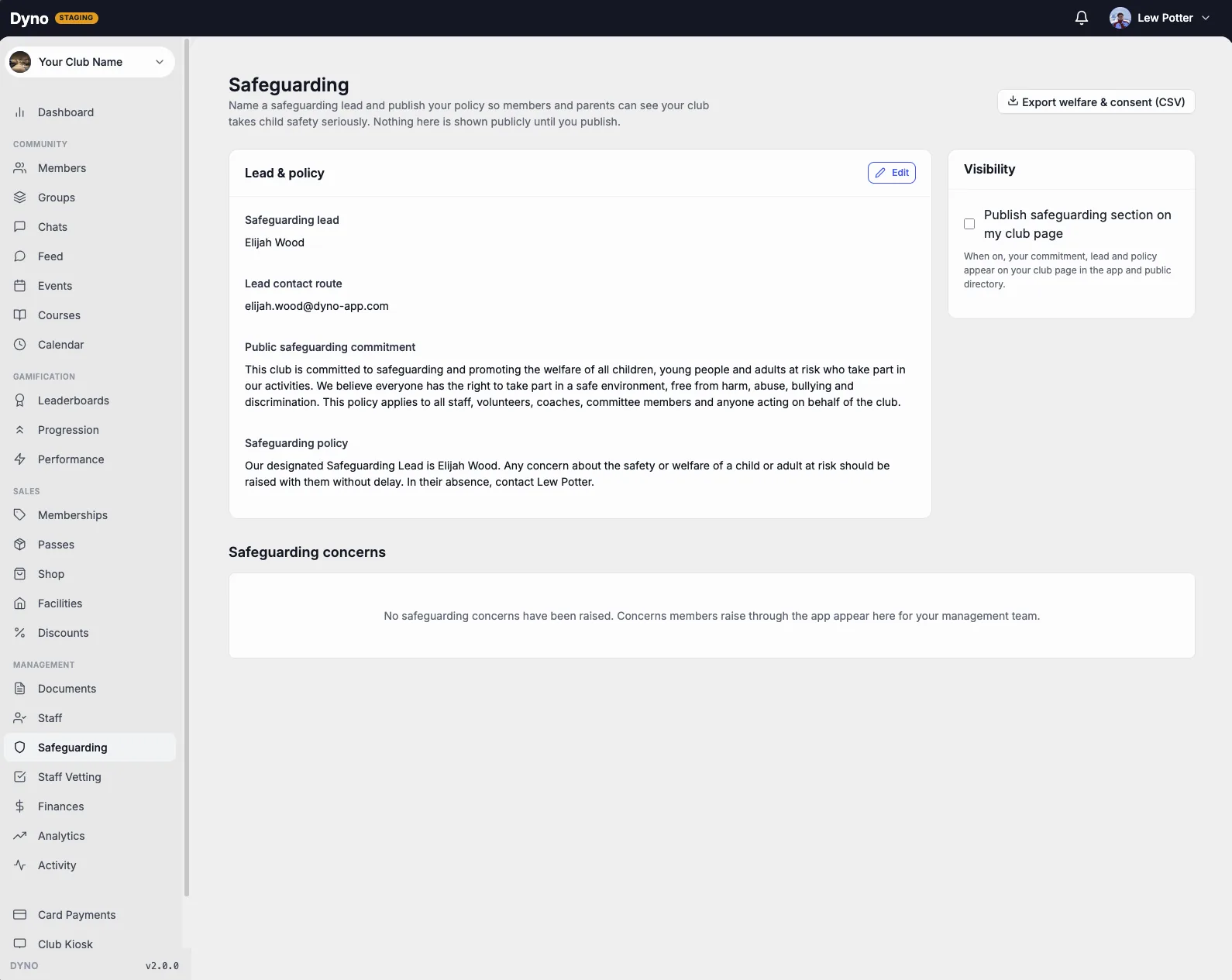 The Dyno safeguarding page with a named lead, a public commitment and a concerns log
