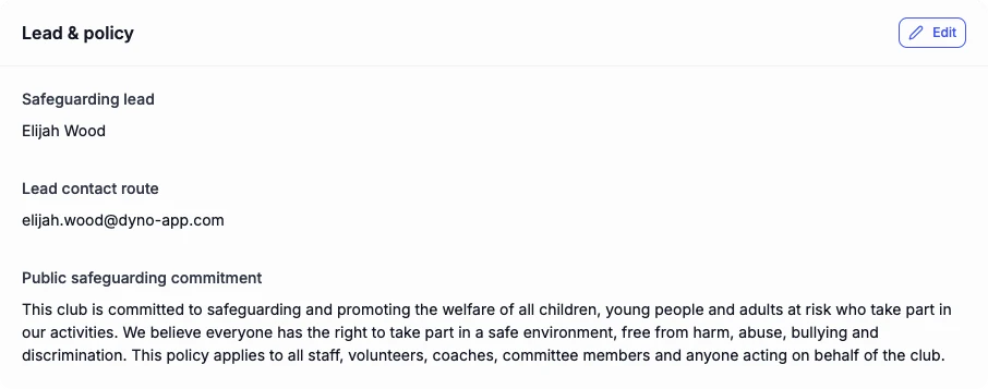 The Lead and policy card: a named safeguarding lead, how to contact them and the club’s public commitment