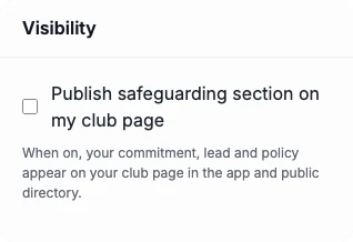 The Visibility card, with a switch to publish the safeguarding section on the club page