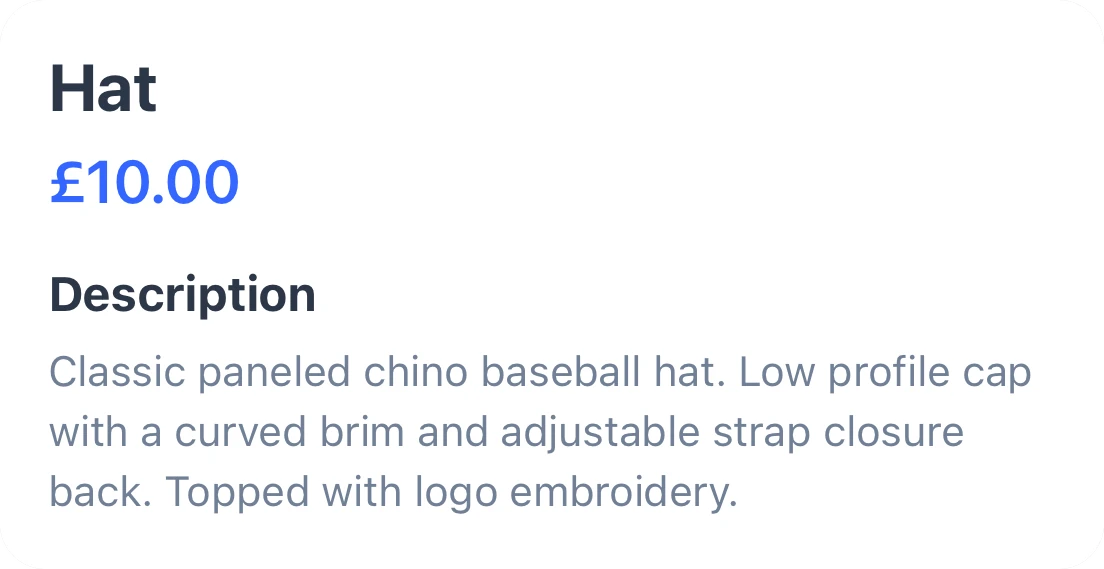A hat for sale in the member app at £10.00, with its description