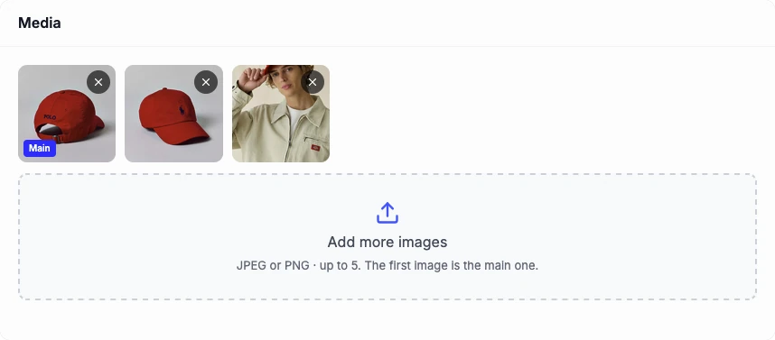 The Media section of a shop item on the dashboard, with three photos