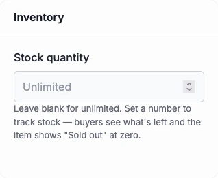 The Inventory card on the dashboard, with a stock quantity field