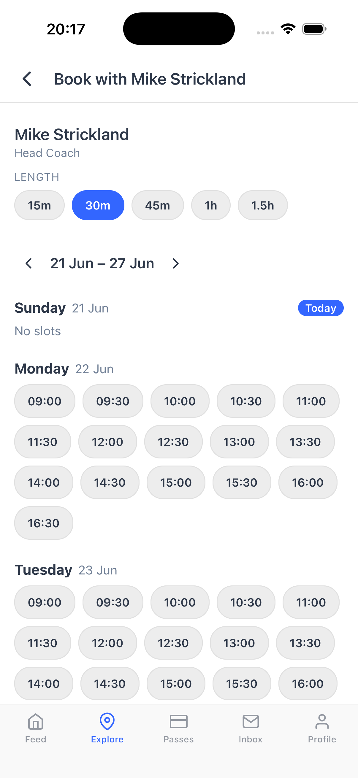 Booking a session with a coach from their calendar in the Dyno member app