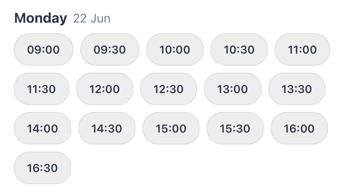 Times to book with a coach on a Monday, for a 30-minute session
