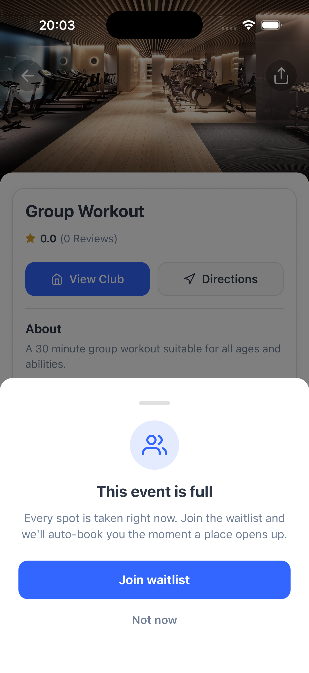 Joining the waitlist for a full class in the Dyno member app