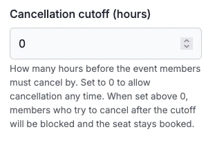 The cancellation cutoff field, in hours, with its help text