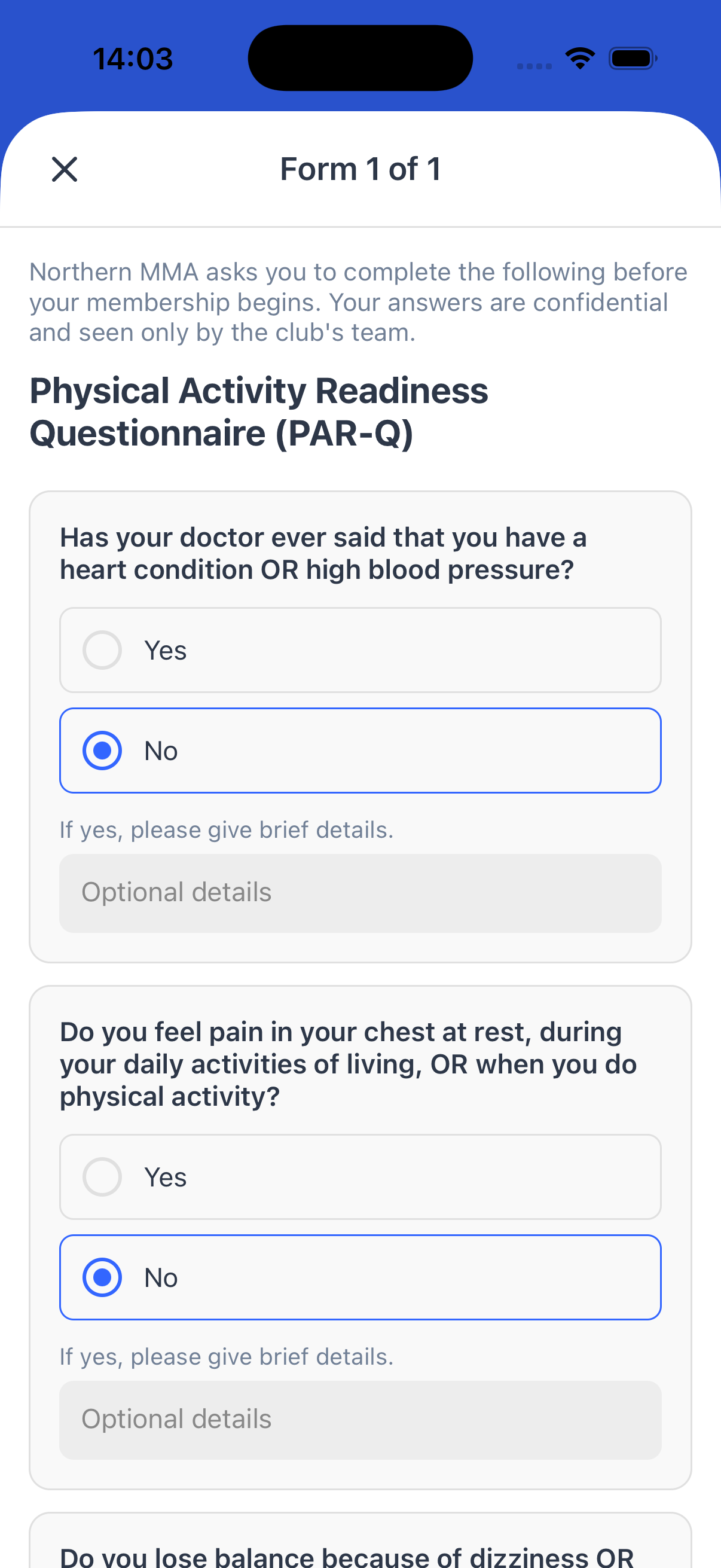 A member completing a health questionnaire (PAR-Q) form in the Dyno app