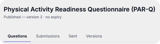 The published questionnaire on the dashboard, with its Questions, Submissions, Sent and Versions tabs
