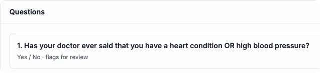 The first question of a health questionnaire on the dashboard