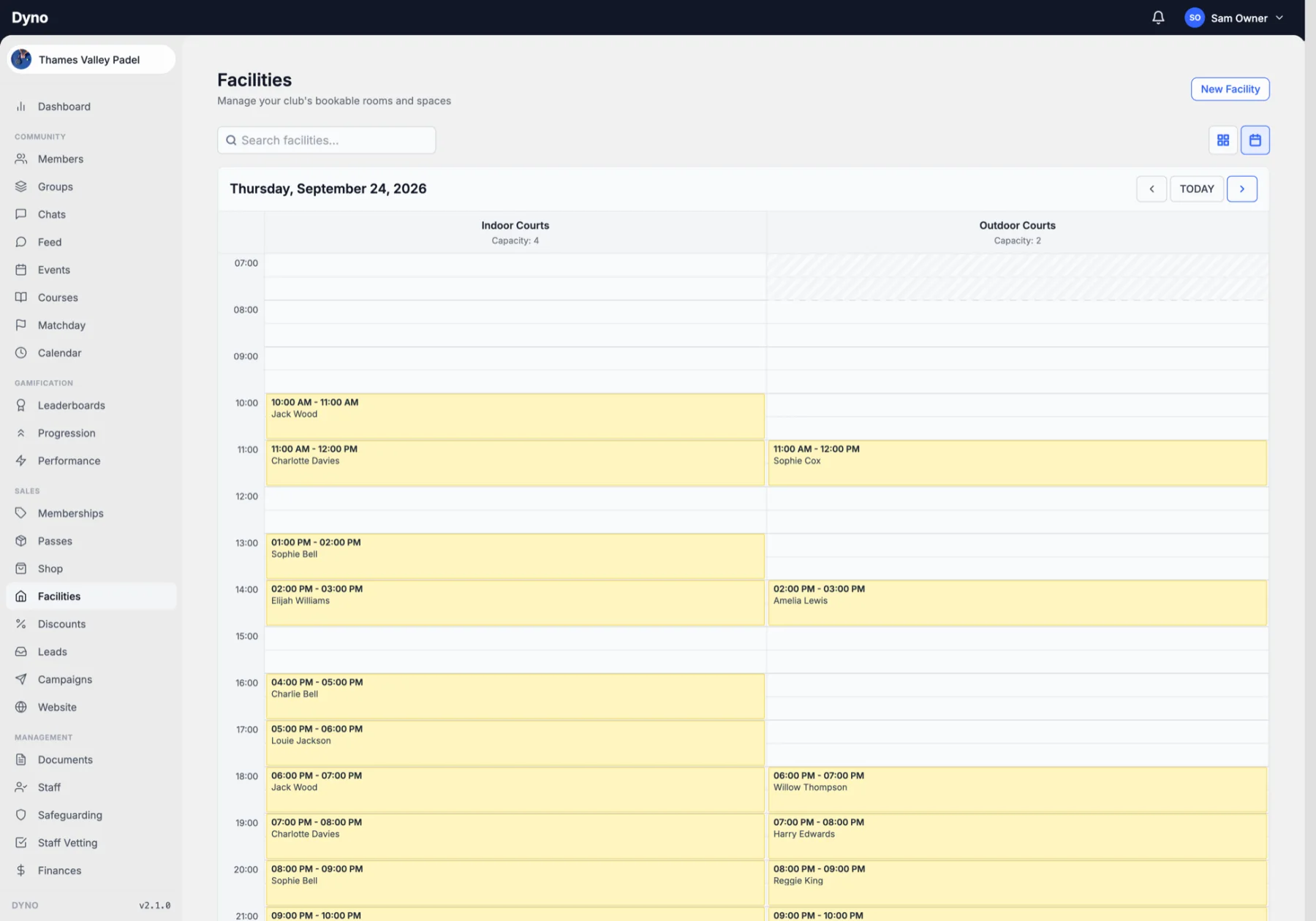 A day of court bookings on the Dyno dashboard for a padel club