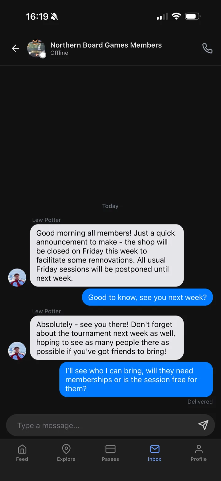 Board game club chat in the Dyno member app