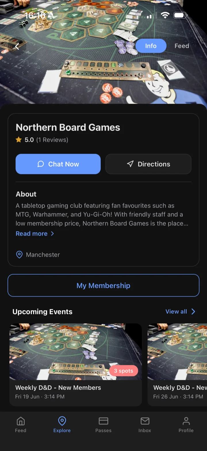 Board game club page in the Dyno member app