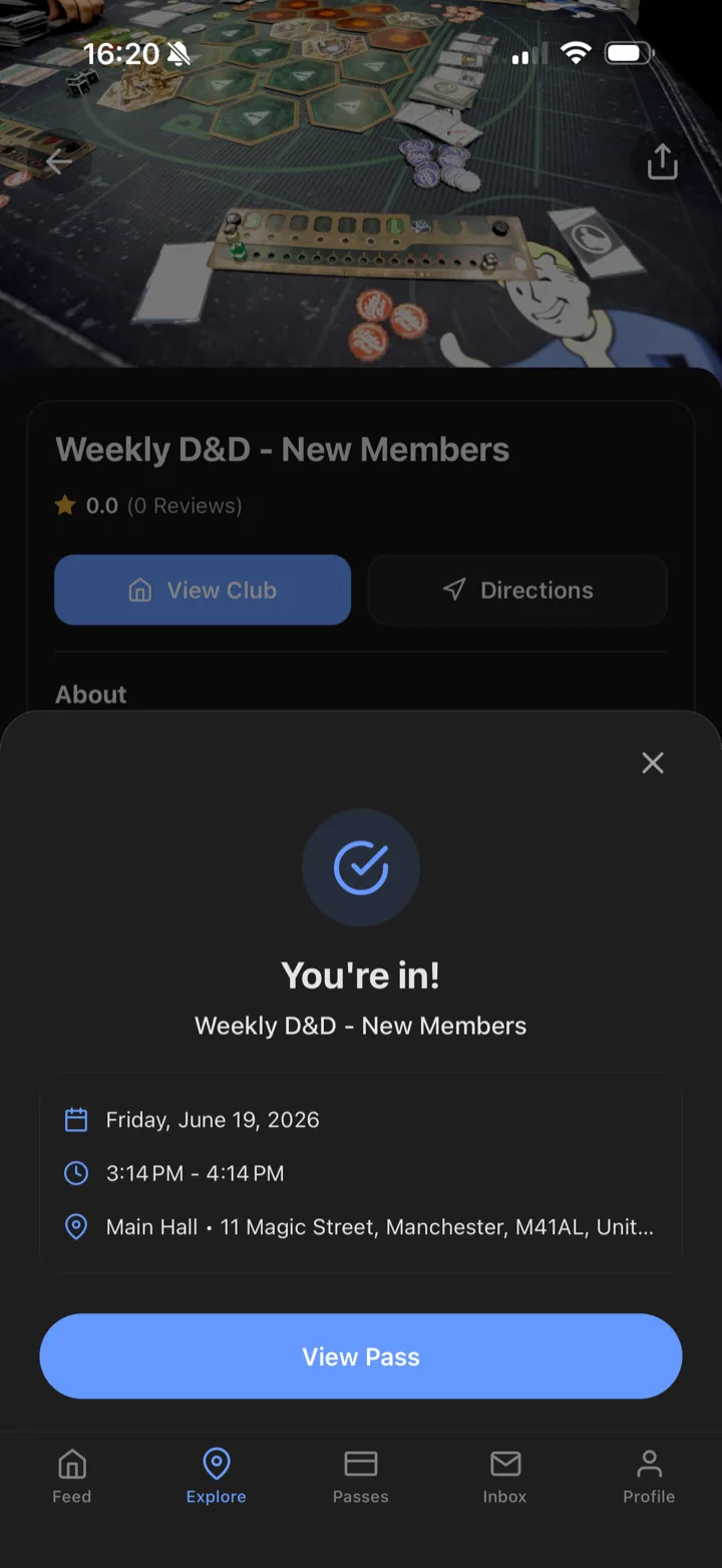 A booked board game night in the Dyno member app