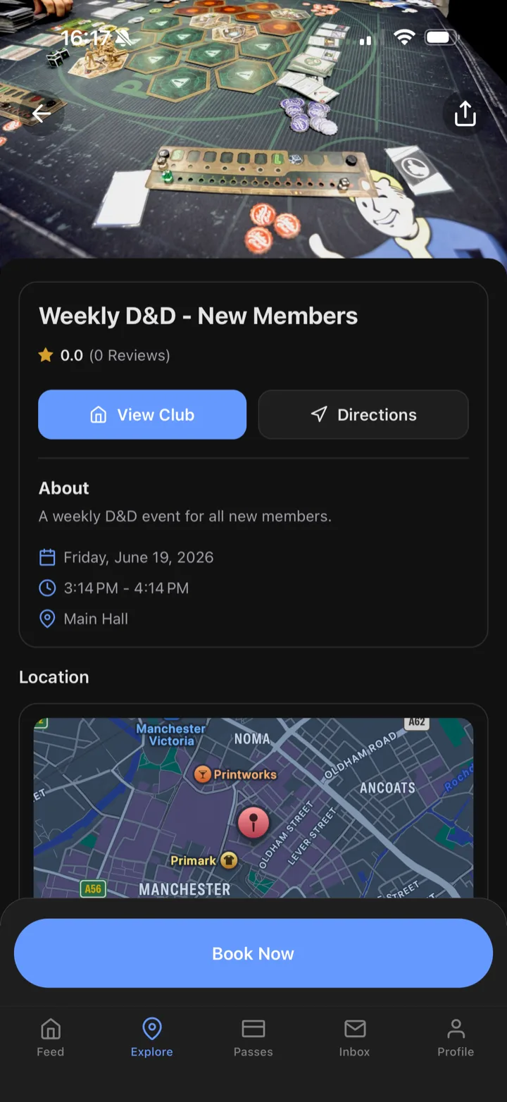 A board game night event in the Dyno member app