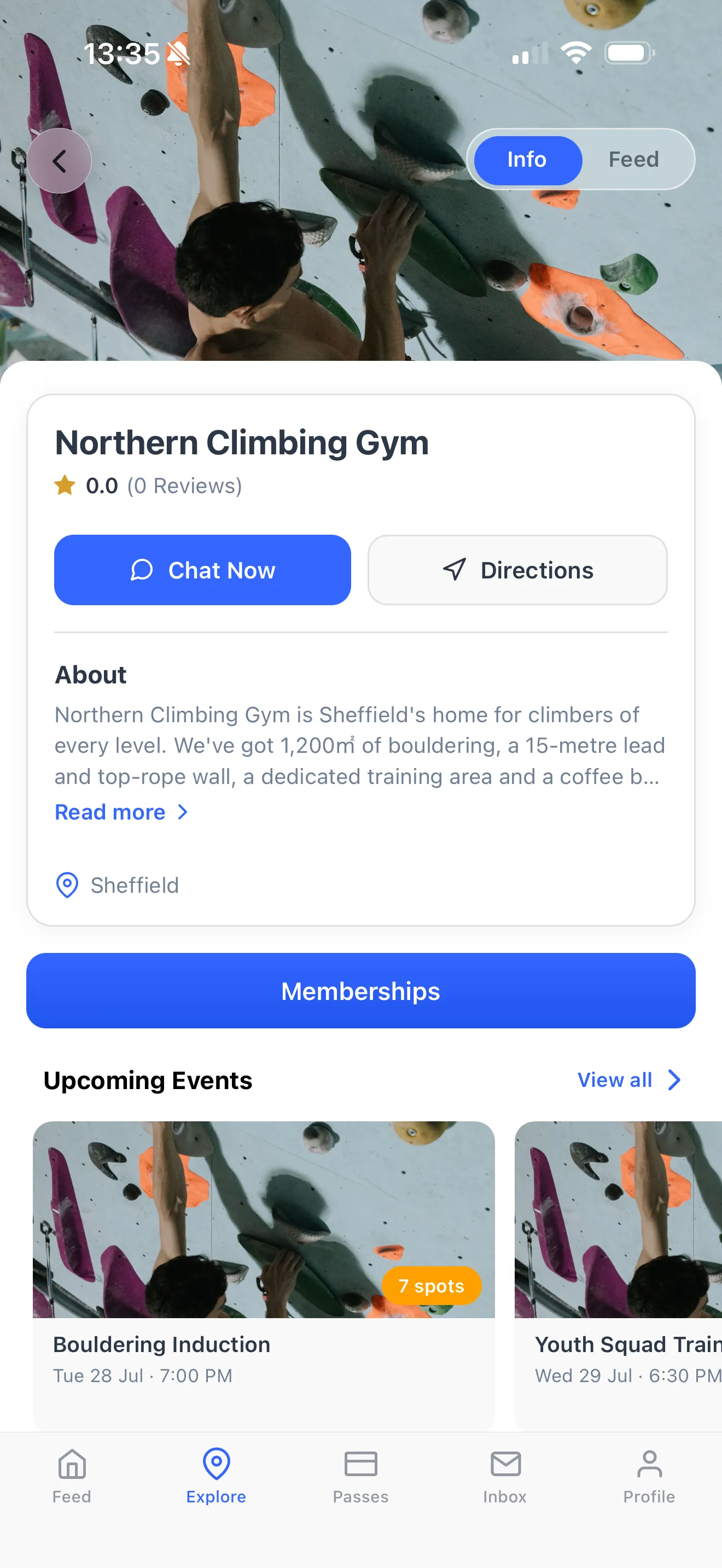 A climbing gym page in the Dyno member app