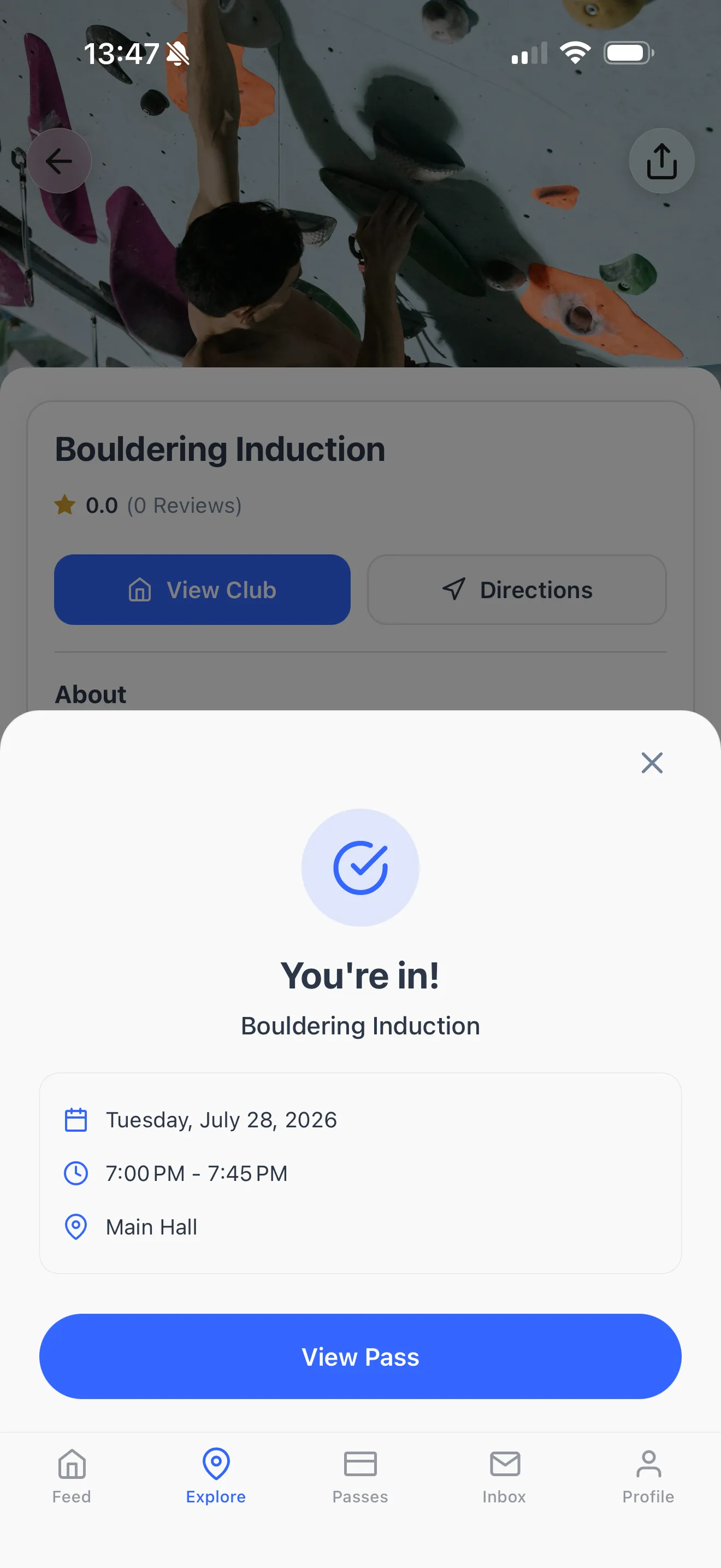 A booked bouldering induction confirmation in the Dyno member app