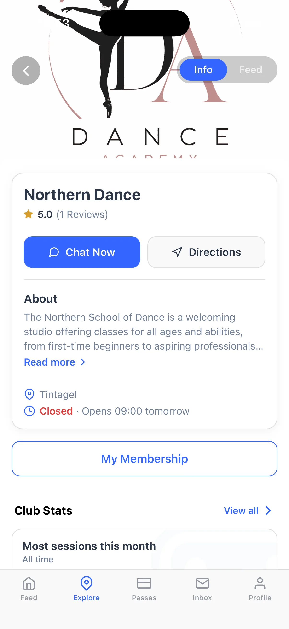 A dance studio page in the Dyno member app