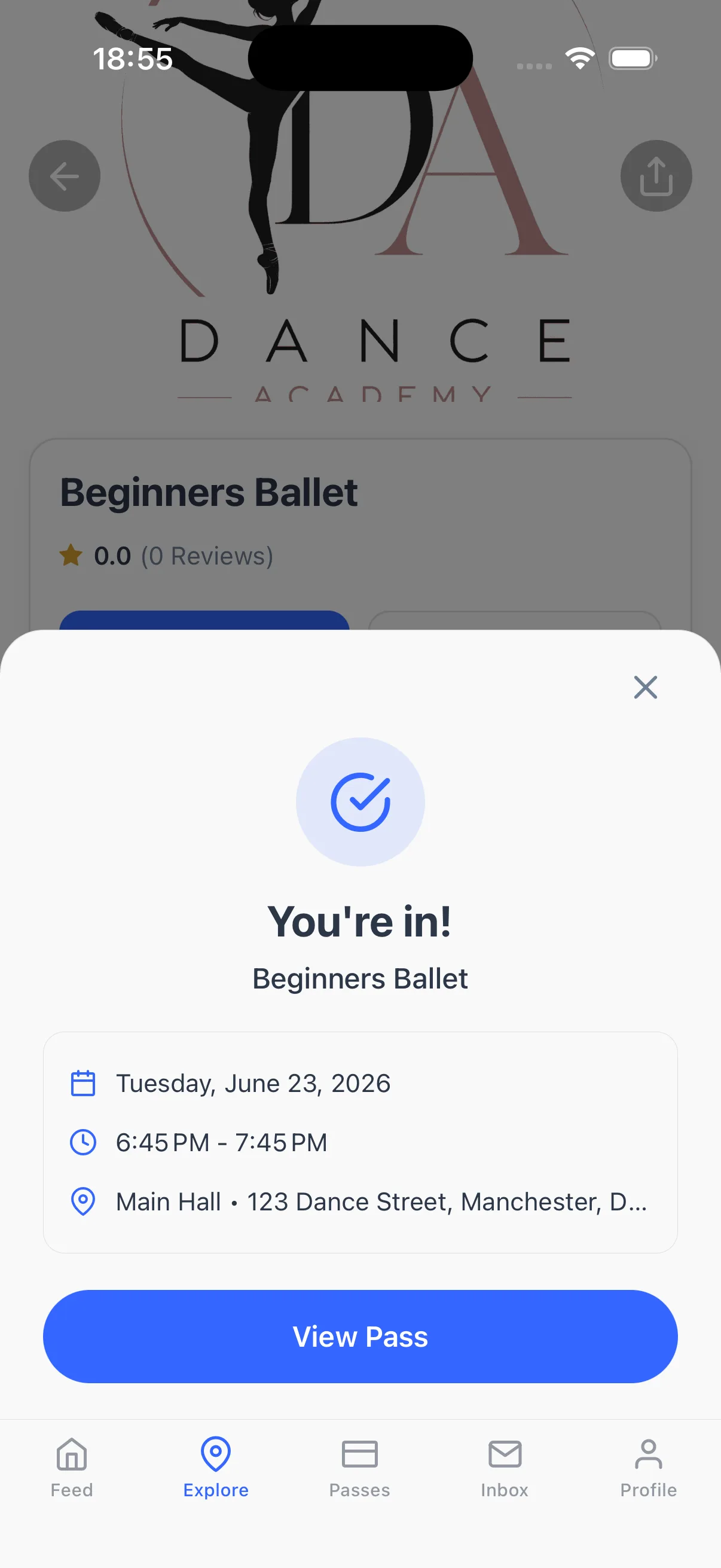 A booked ballet class confirmation in the Dyno member app