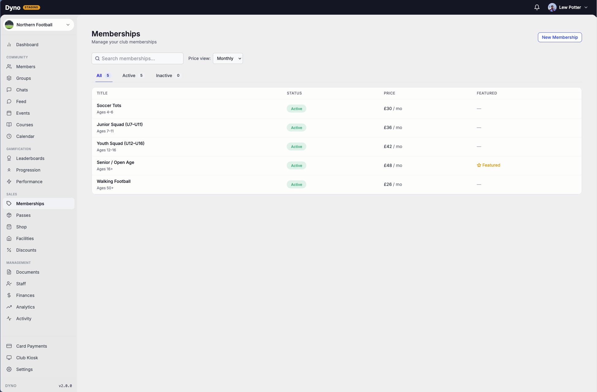 The Dyno memberships management screen