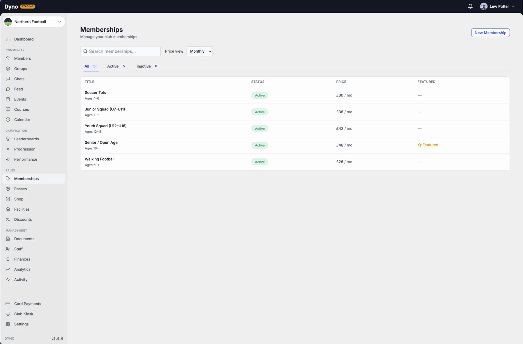 The Dyno memberships management screen