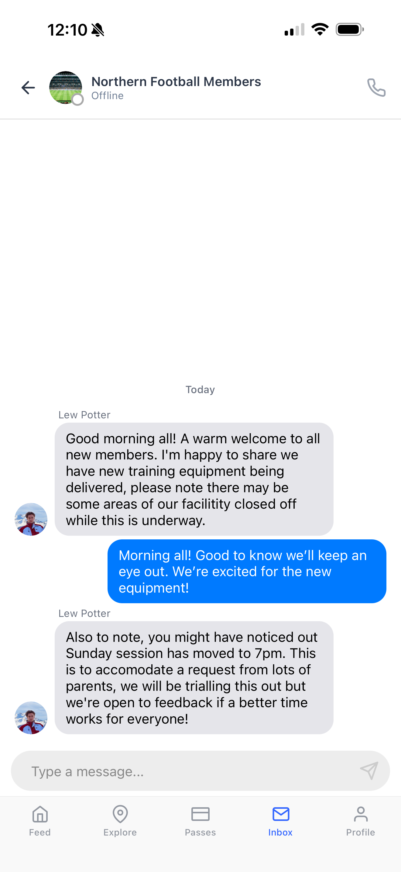 A football club chat in the Dyno member app