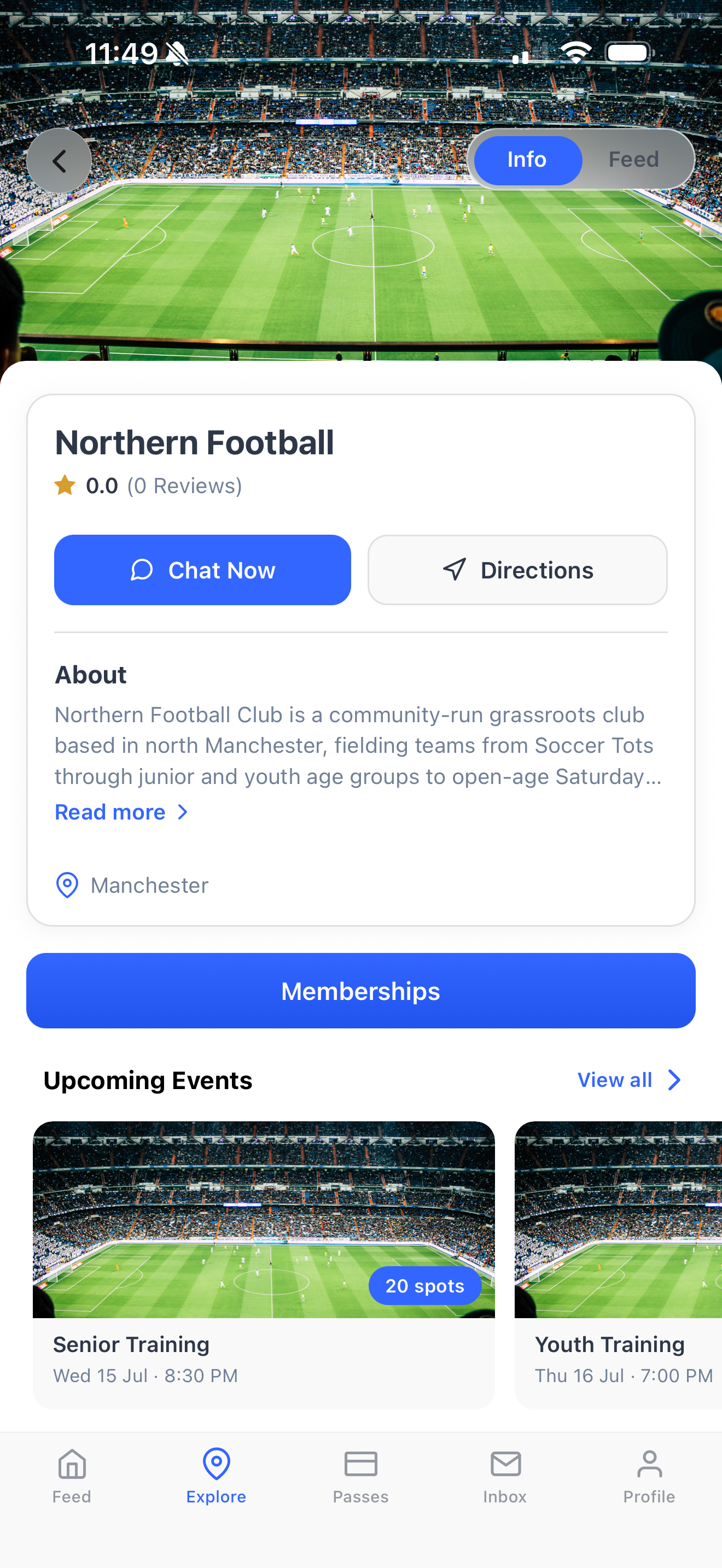 A sports club home in the Dyno member app