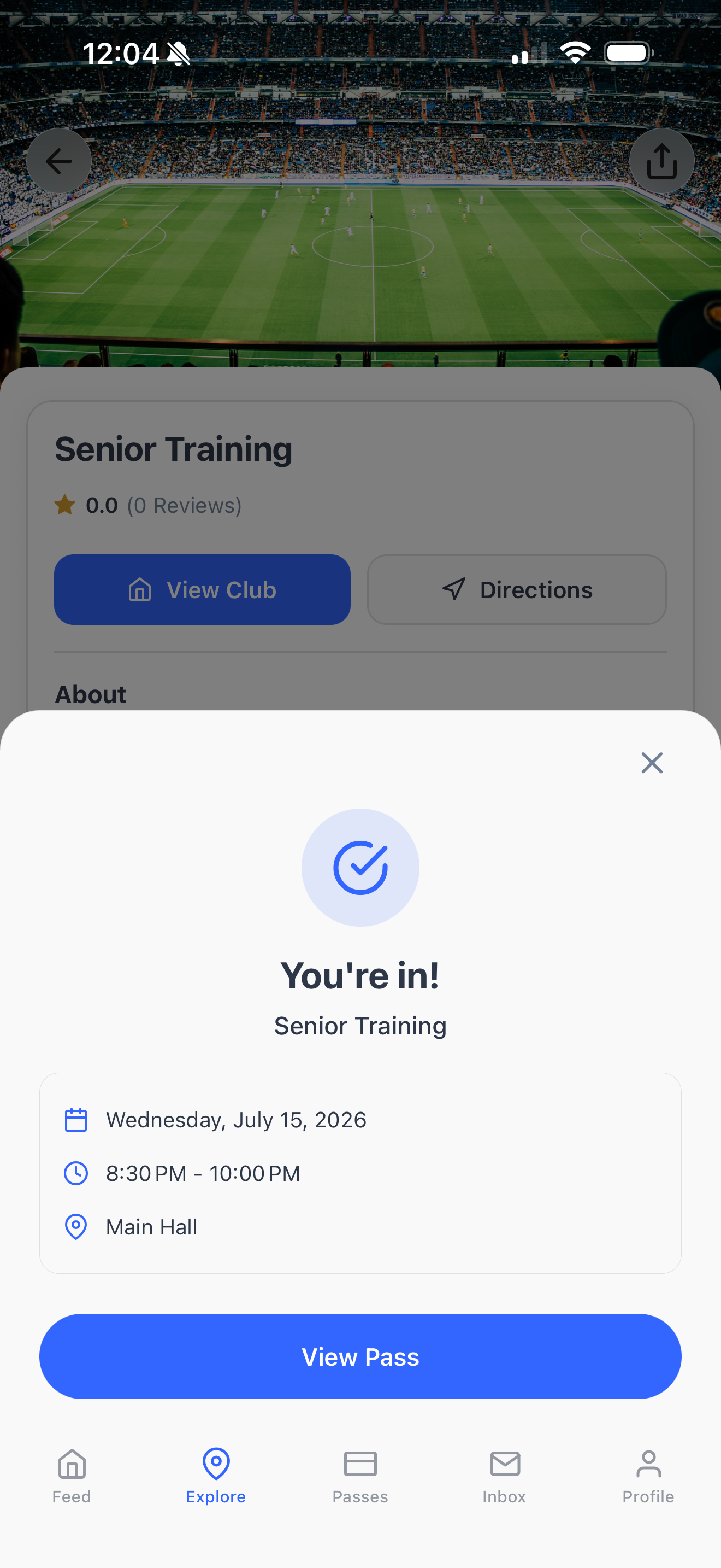 A booked fixture confirmed in the Dyno member app