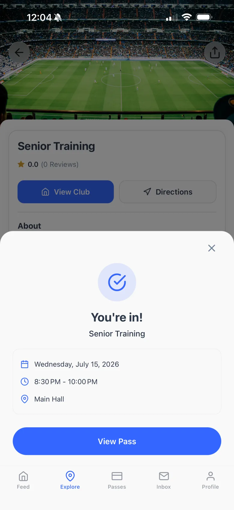 A booked fixture confirmed in the Dyno member app