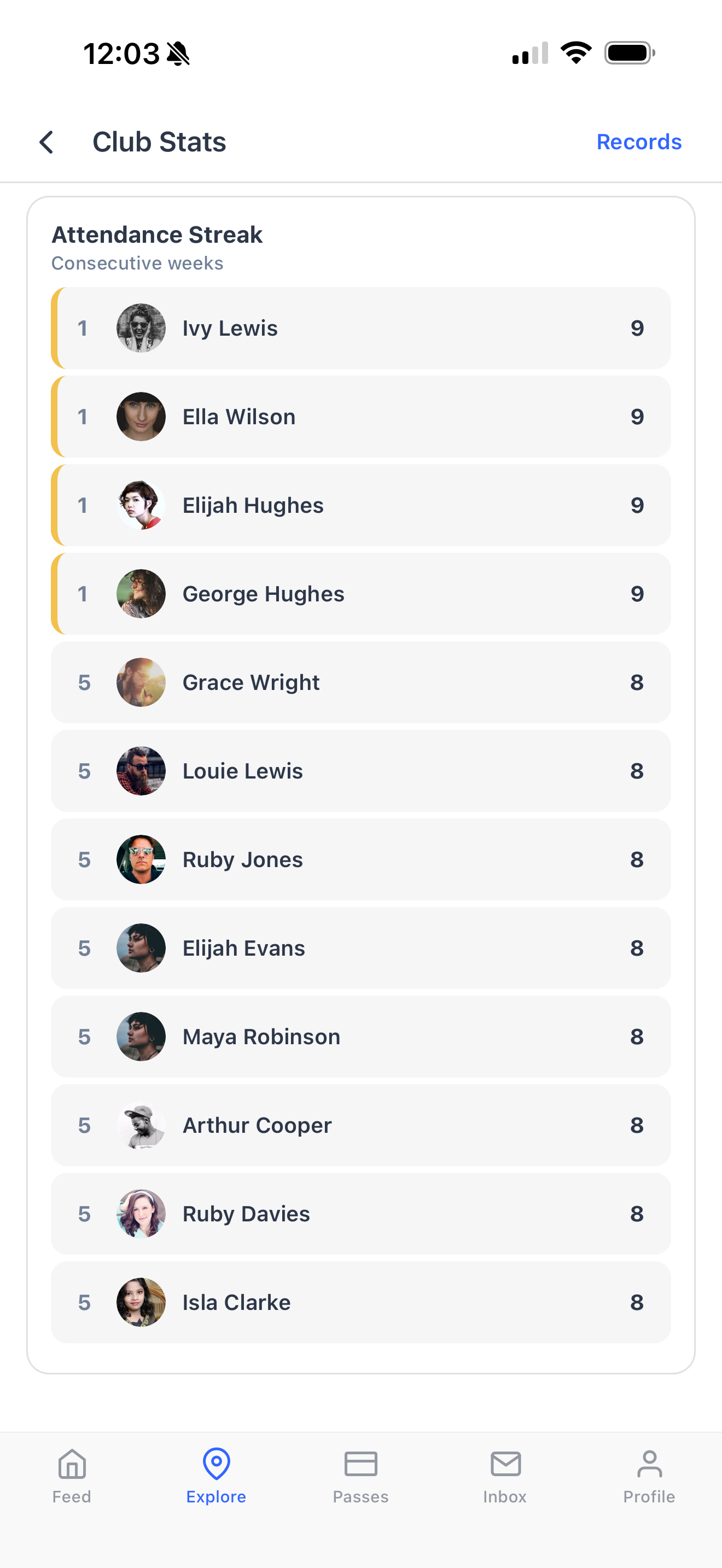 A football club top-scorer leaderboard in the Dyno member app