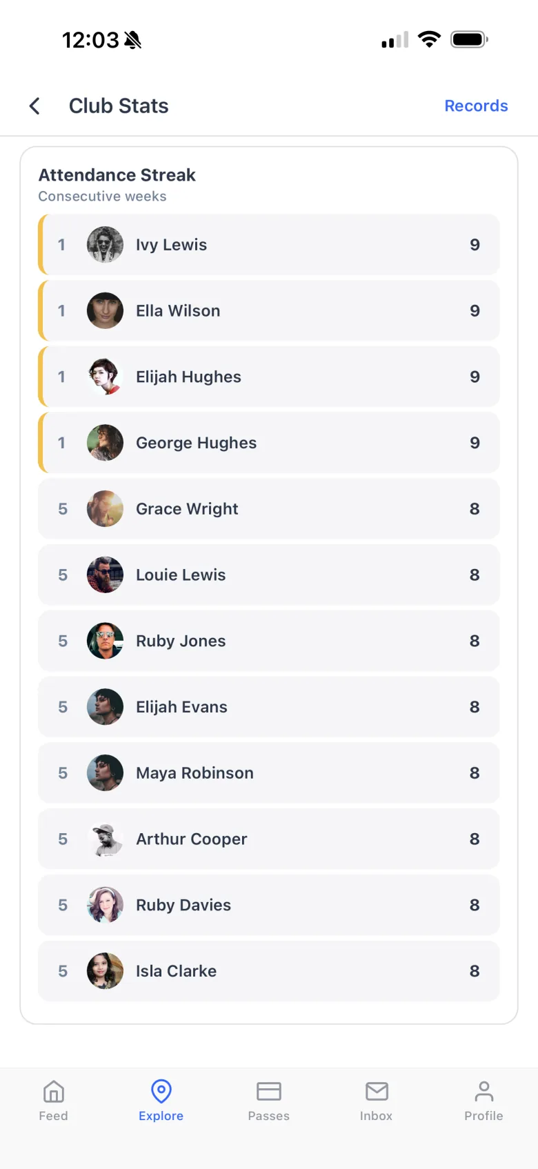 A football club top-scorer leaderboard in the Dyno member app
