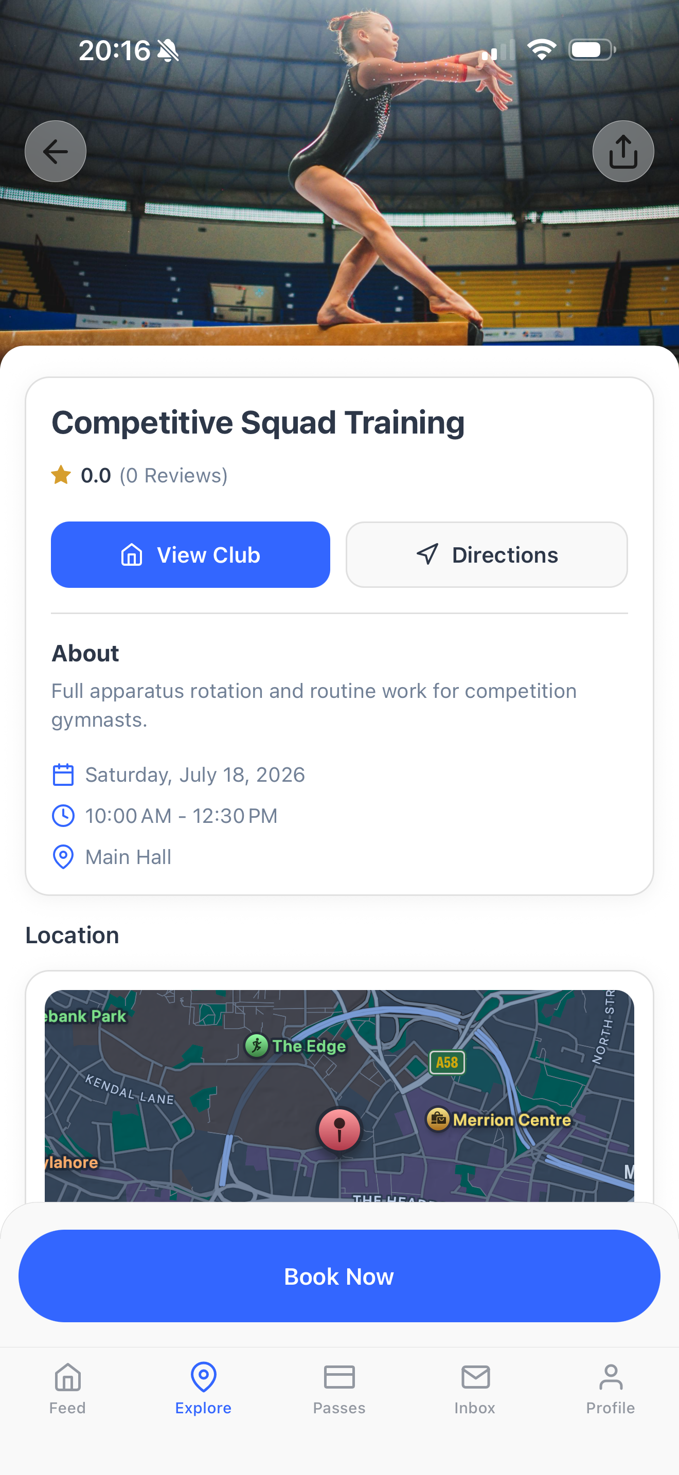 A gymnastics club page in the Dyno member app