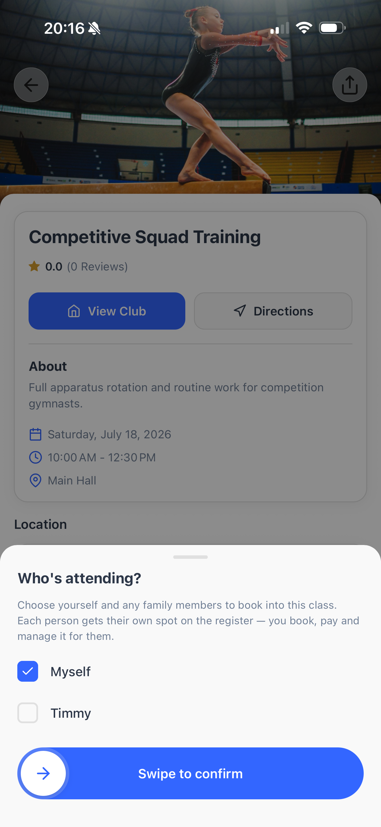 A booked gymnastics class confirmation in the Dyno member app