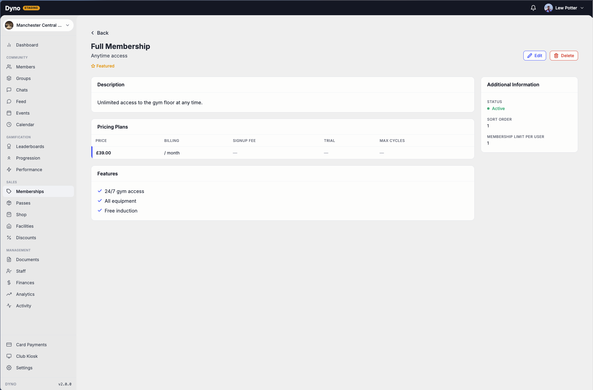 The Dyno memberships management screen for a gym
