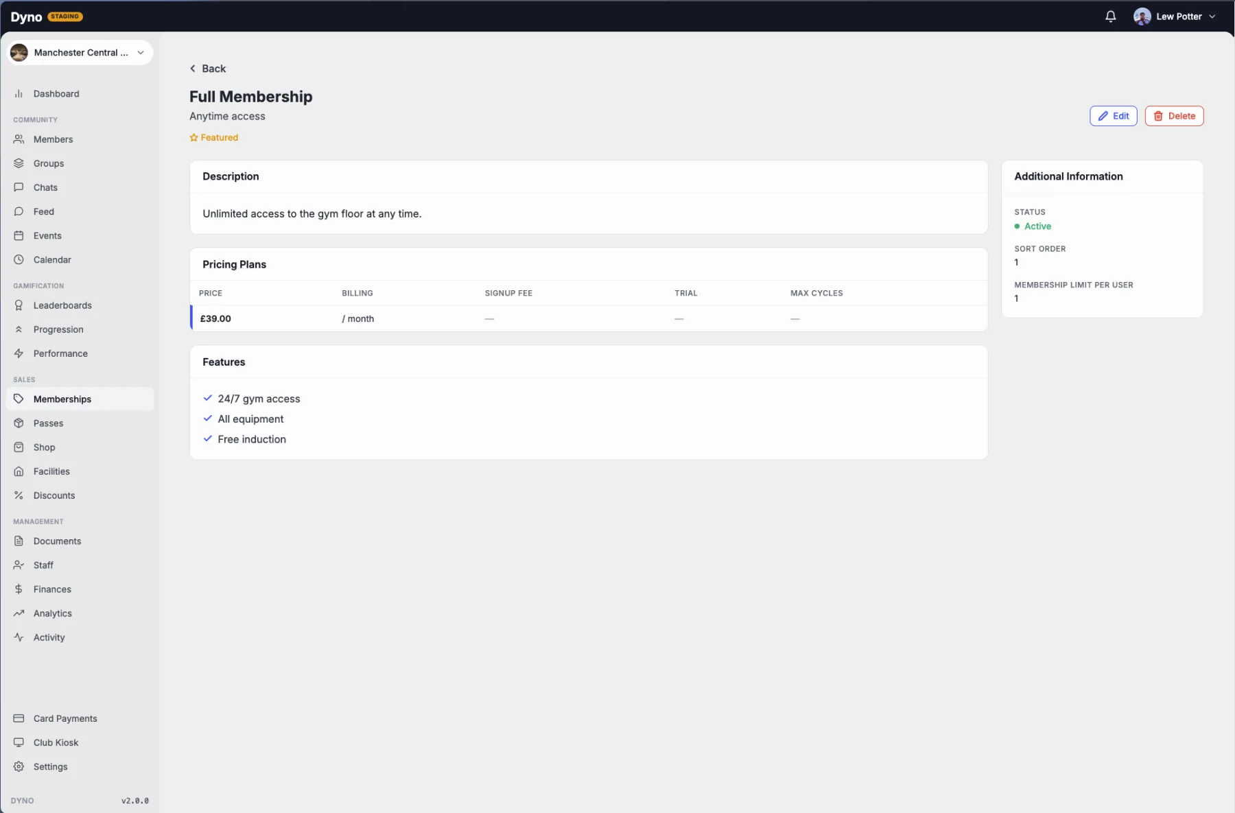 The Dyno memberships management screen for a gym