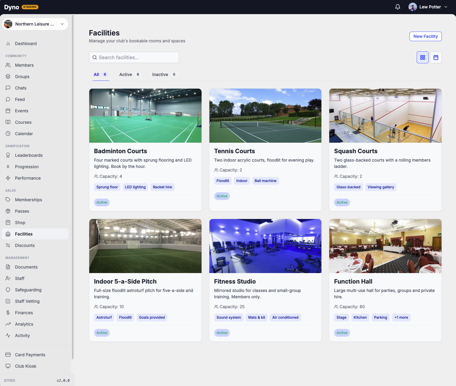 The Dyno facilities screen showing bookable courts, pitches, a studio and a function hall