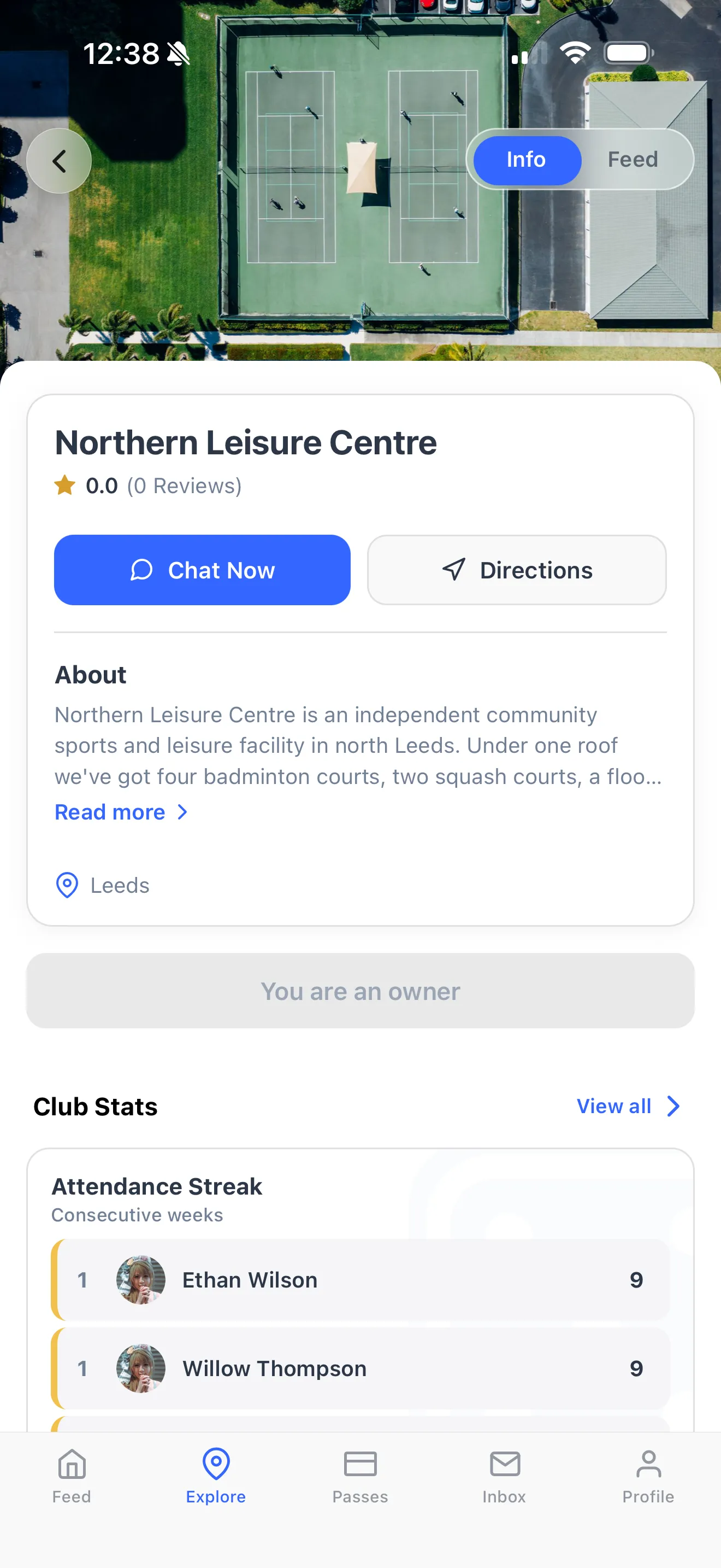 A leisure centre page in the Dyno member app