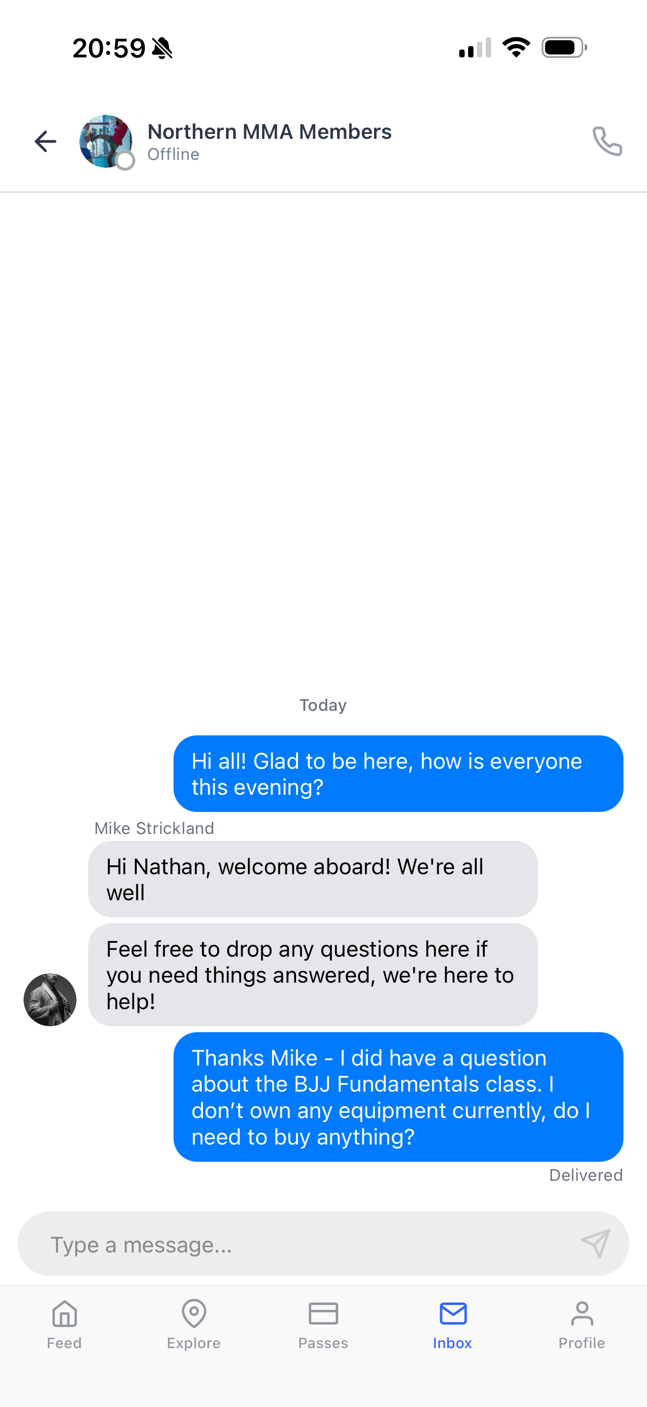 Martial arts club members chat in the Dyno member app