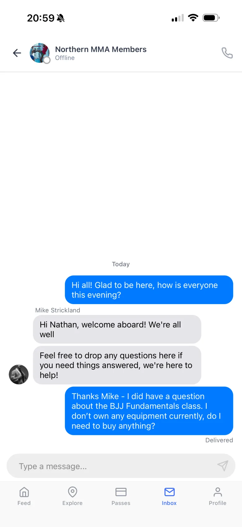 Martial arts club members chat in the Dyno member app