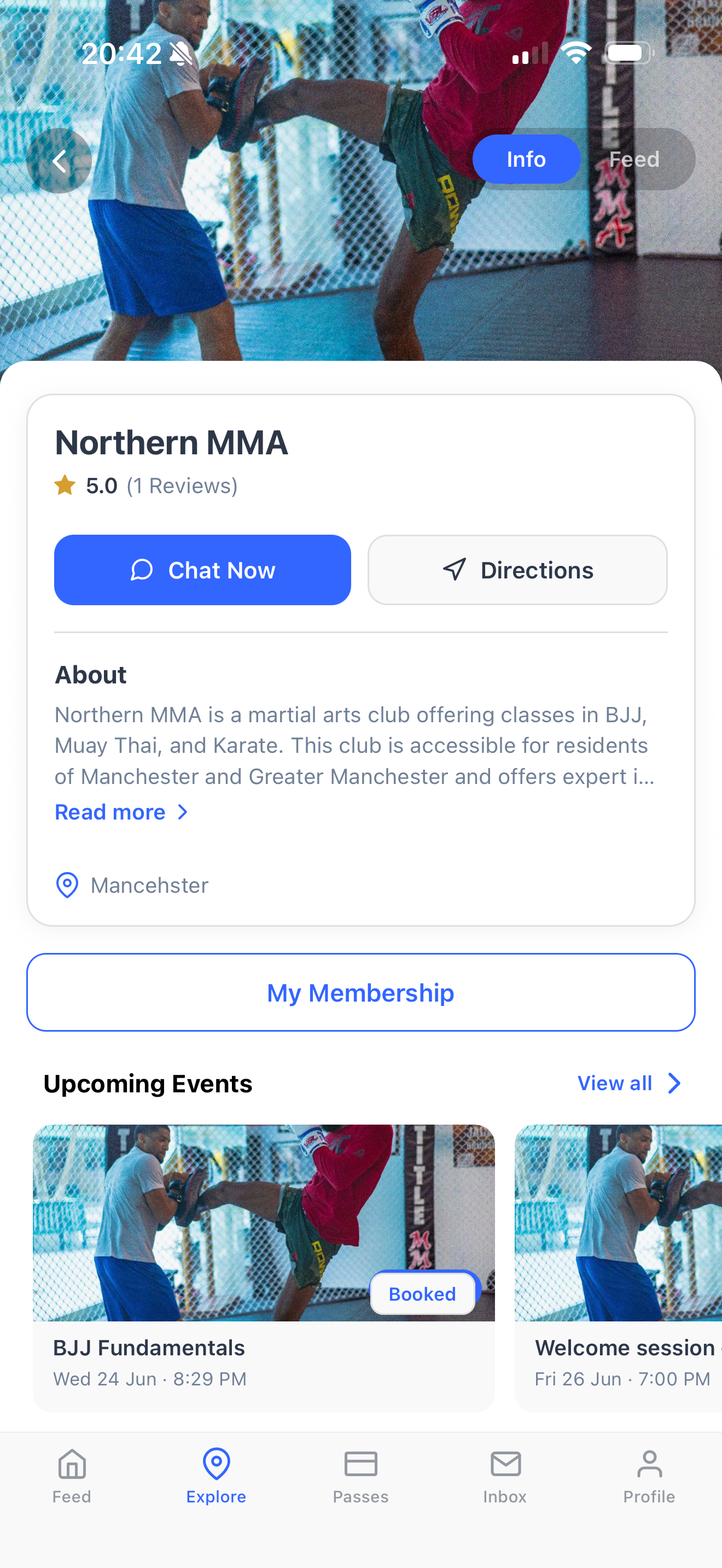 A martial arts club page in the Dyno member app