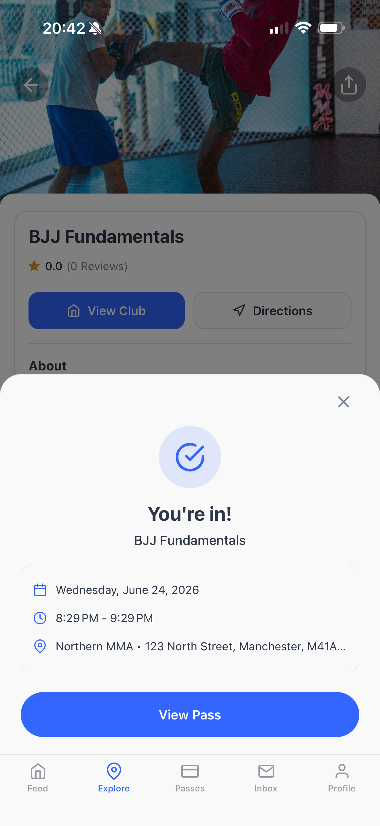 A booked BJJ fundamentals class in the Dyno member app